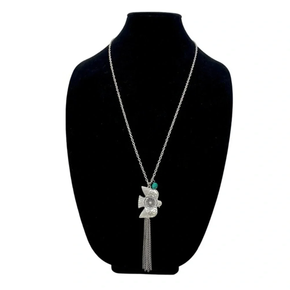 Vintage Thunderbird Phoenix Long Dangle Necklace Silver Tone Metal Turquoise